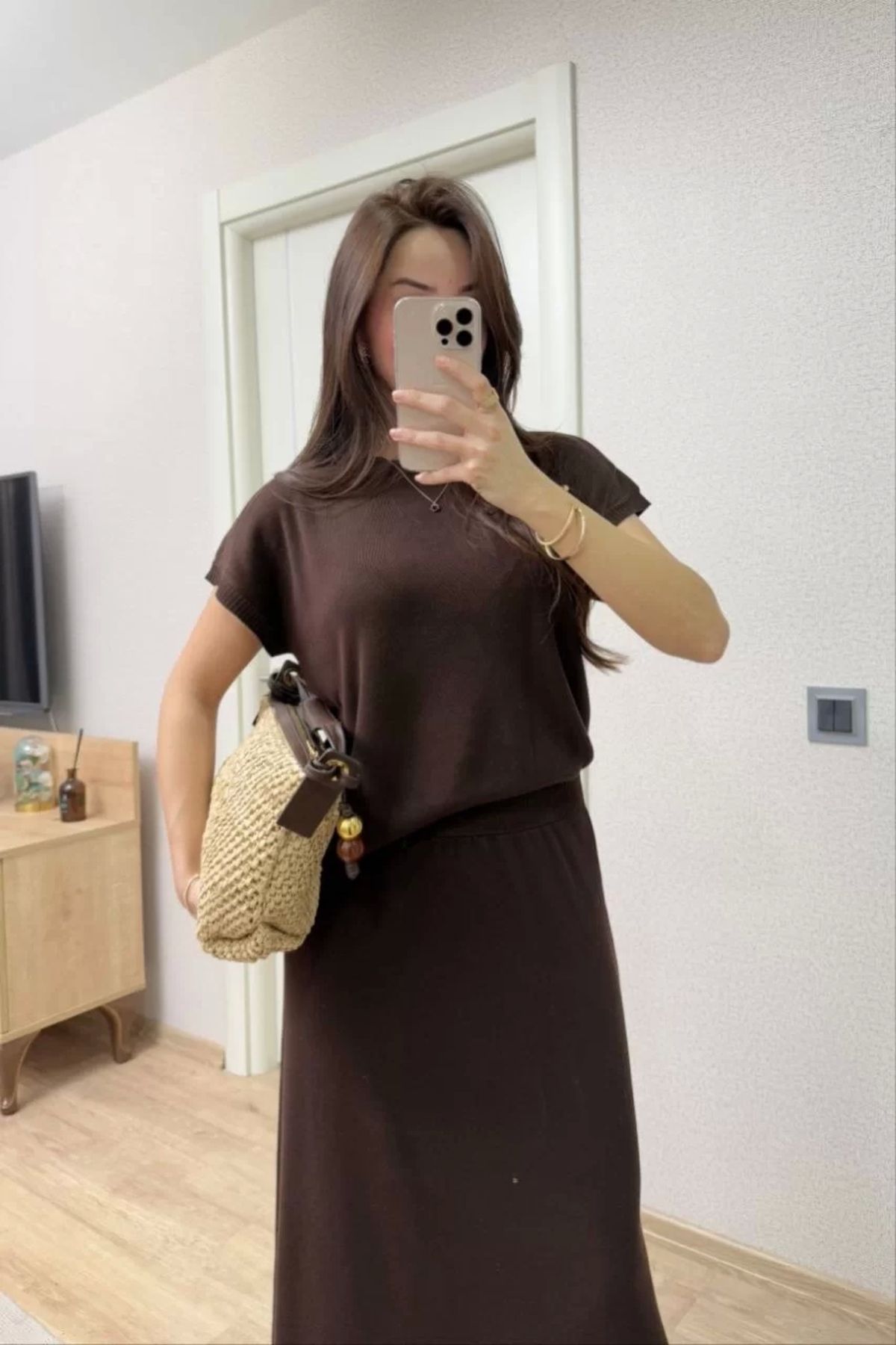 BÜŞRA TEZEL MODA Bisiklet Yaka Bluz Uzun Etekli ikili Takım Triko - Kahve