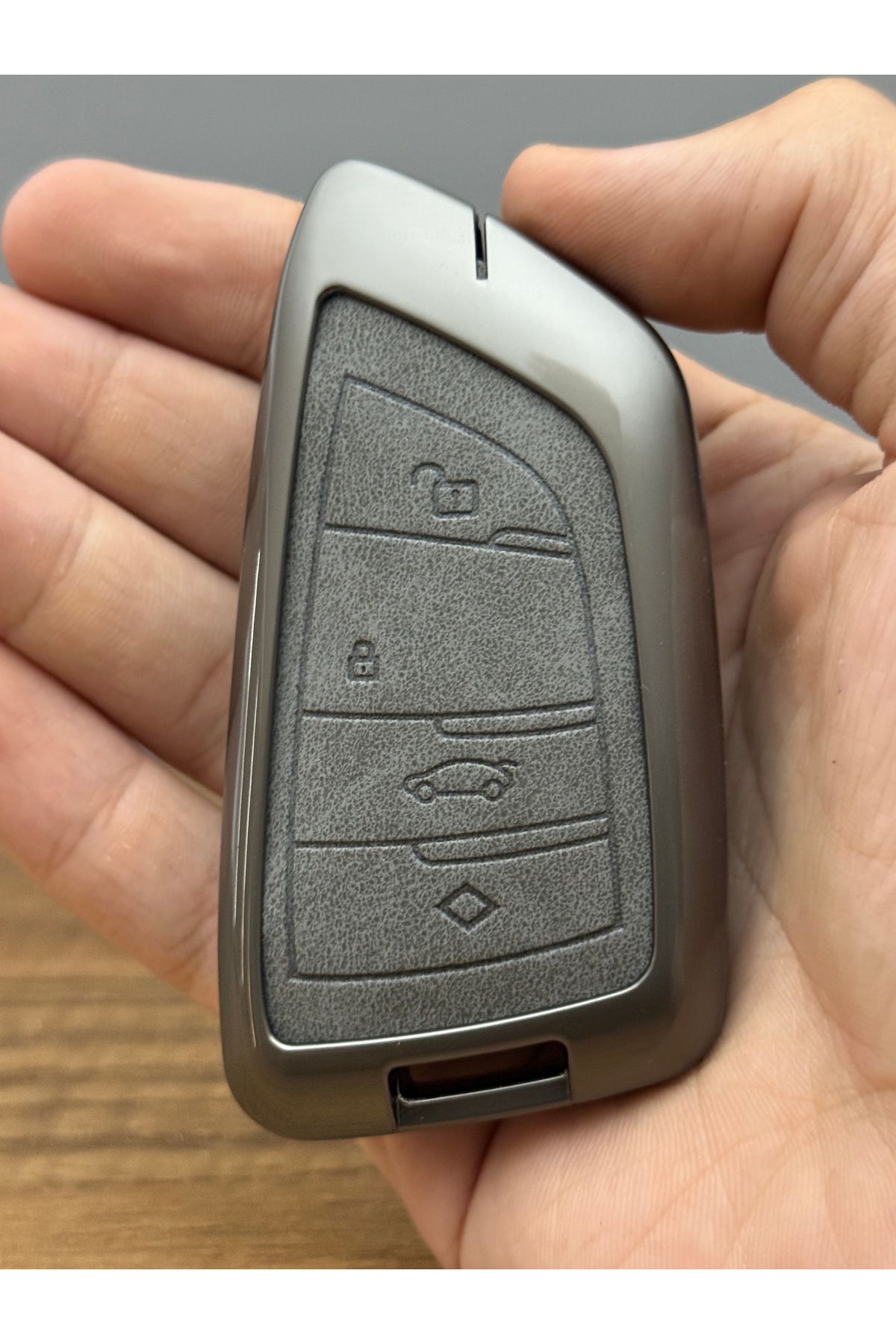 Mavi Keys BMW F10, F11, F30, F90 FEM Smart Uyumlu 4 Düğmeli Deri Metal Anahtar Kumanda Koruma Kılıfı Gri Renk