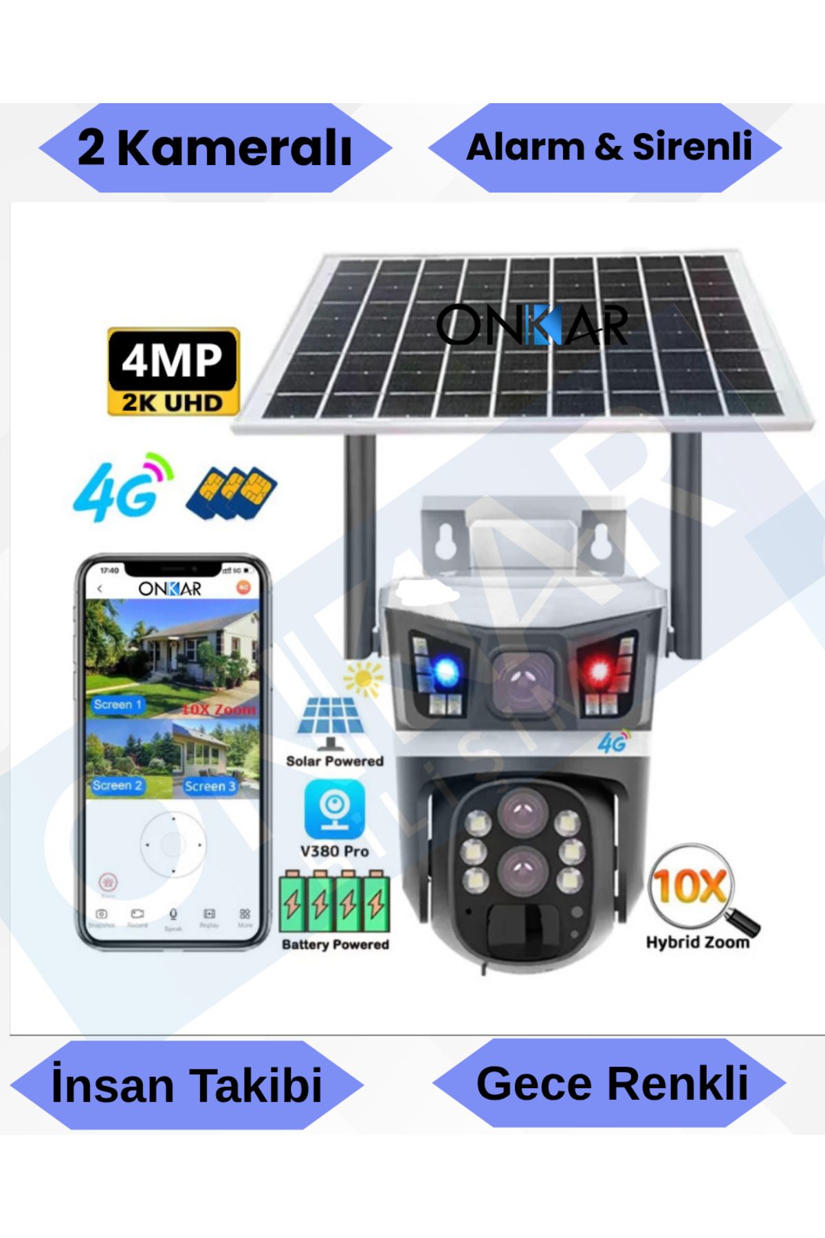 Onkar Bilişim 4MP 2 Kameralı 10X ZOOM SİM KARTLI GÜNEŞ ENERJİLİ GÜVENLİK KAMERASI