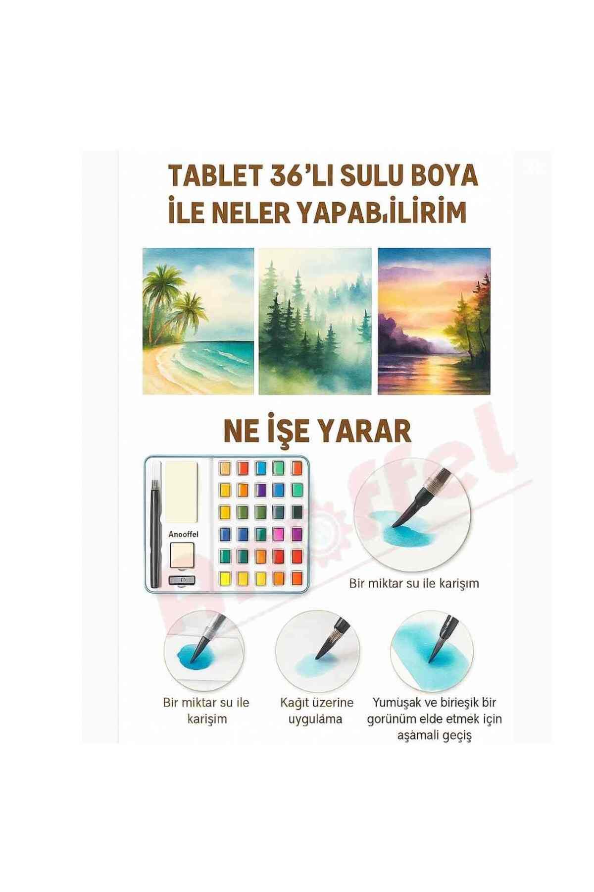 Anoffel Tablet Sulu Boya 36 Renk Teneke Kutu 1 Paket 36 lı Taş Sulu Boya Çıkarılabilir Tablet Suluboya Resim