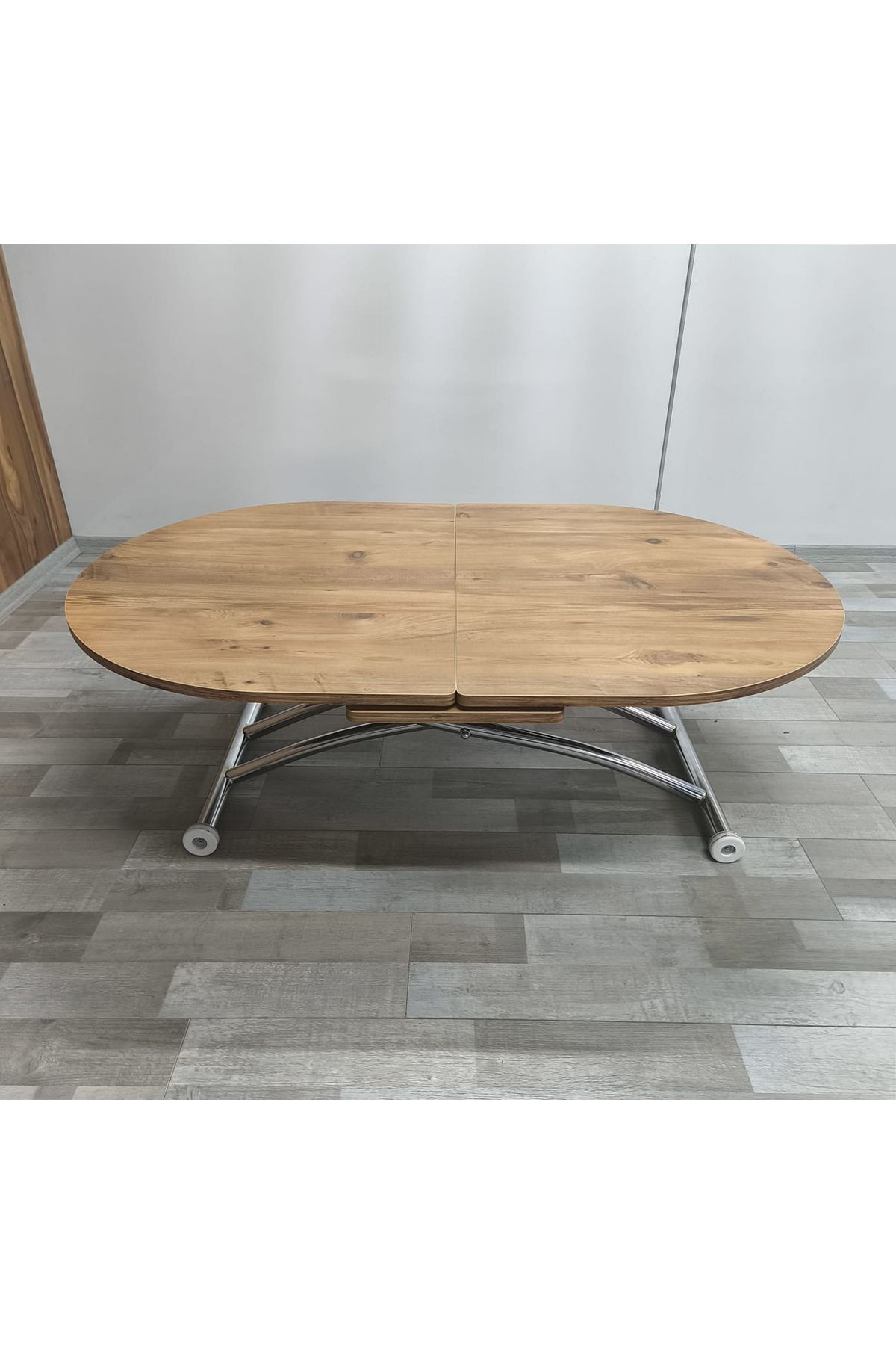 SEHPAM AKILLI Ortadan Açılır Akıllı Yemek Masası Oval Mdf Tabla Alt Mekanizma Metal Krom Kaplama