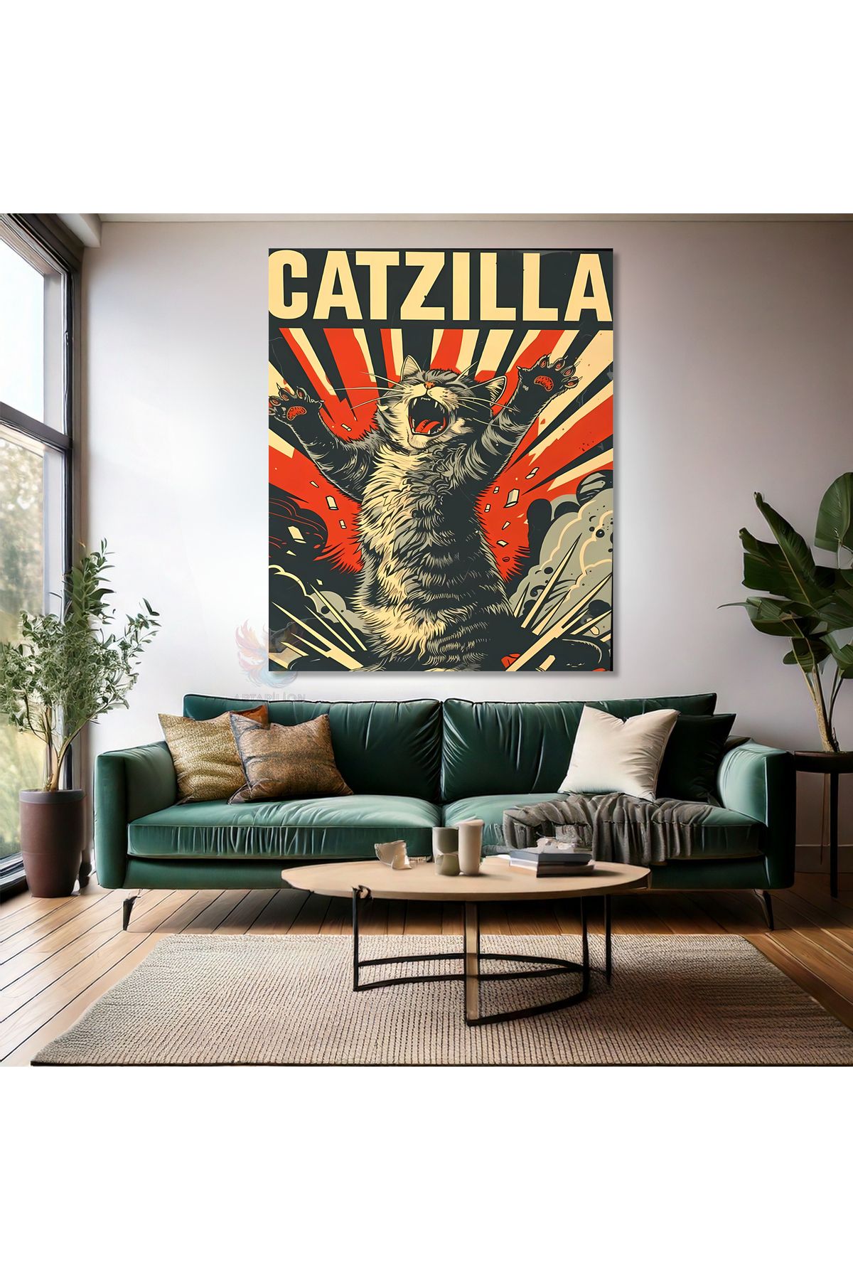 Artarilion Catzilla Komik Kedi Tablosu Kanvas Tablo Modern Ev Dekoru Duvar Tablosu