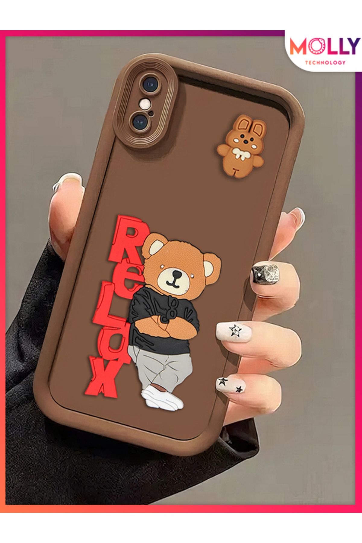 Molly iPhone XS MAX İçin Fallow Brown Kenarları Kalın 3d Kabartmalı Teddy Bear Silikon Kılıf