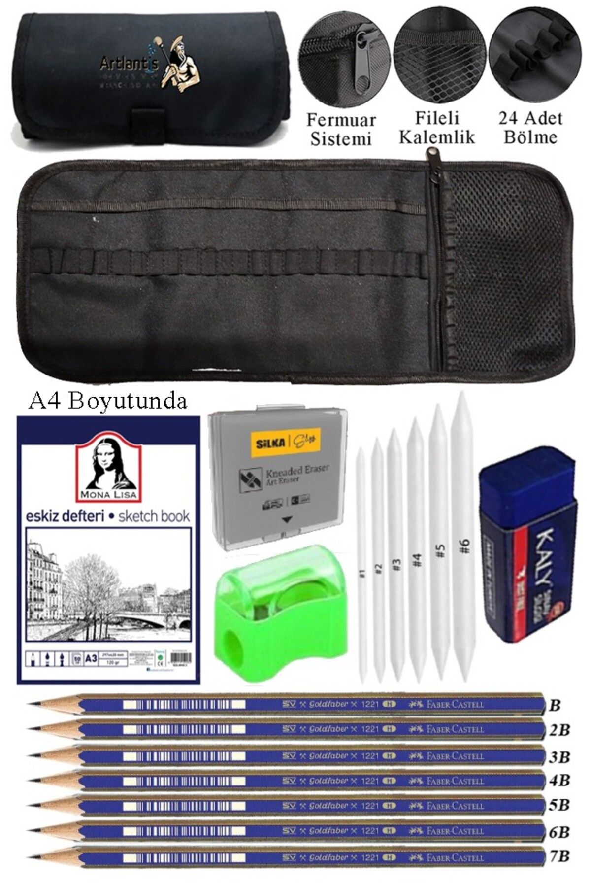 Artlantis A4 Telli Eskiz Defteri Monalisa Spiralli Karakalem Rulo Kalemlik Siyah 24 Bölmeli Dereceli Kalem Göl