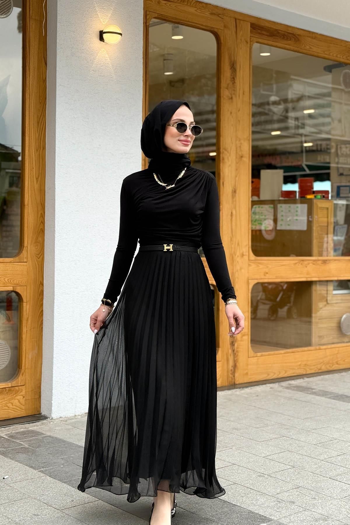 MERVE KAYKISIZ Allure Şifon Piliseli Etek Siyah
