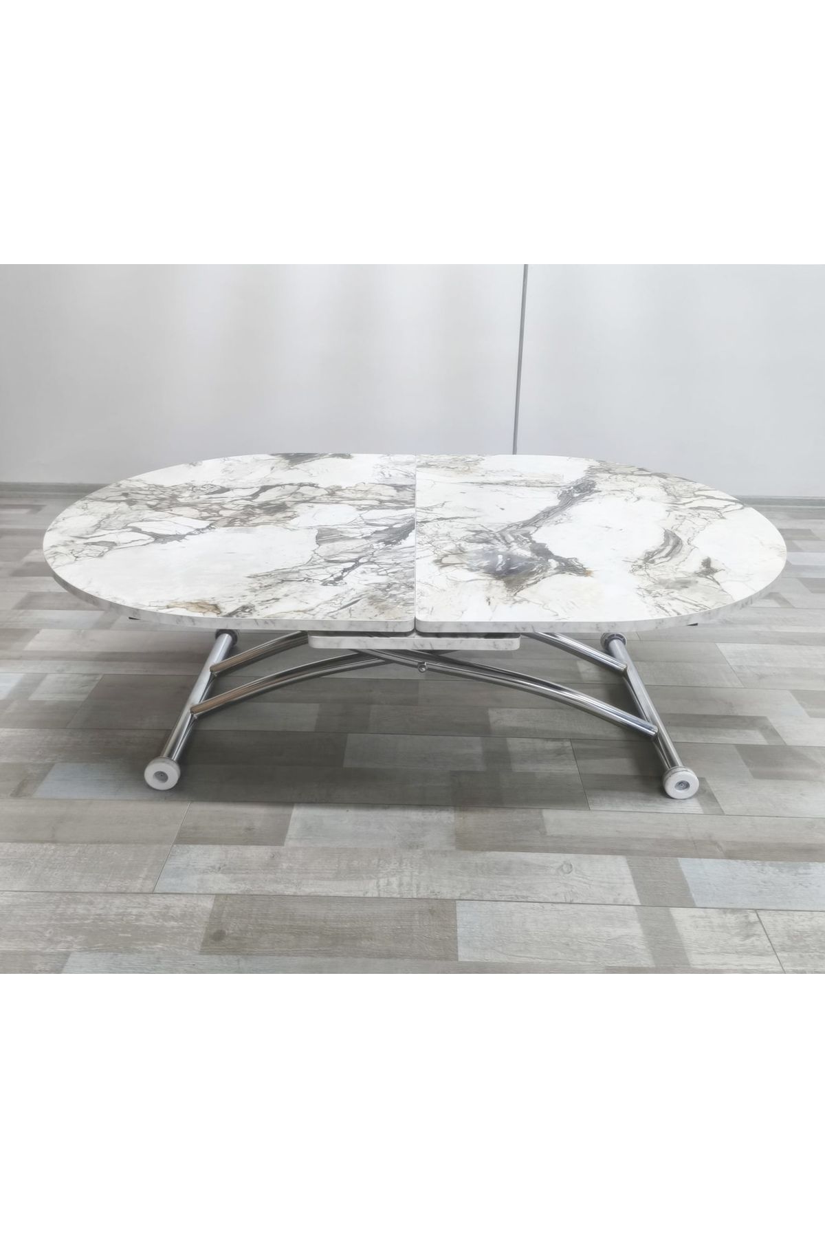SEHPAM AKILLI Ortadan Açılır Akıllı Yemek Masası Oval Mdf Tabla Alt Mekanizma Metal Krom Kaplama