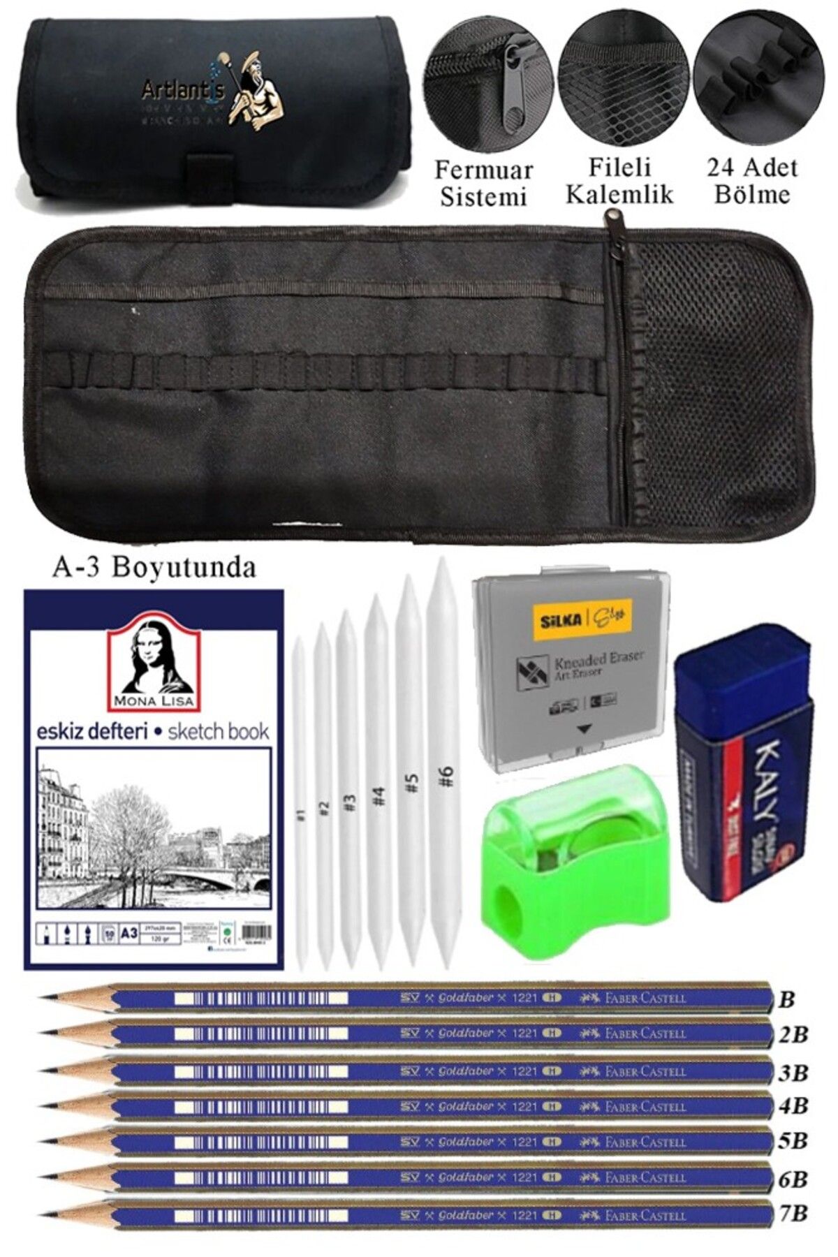Artlantis A3 Telli Eskiz Defteri Monalisa Spiralli Karakalem Rulo Kalemlik Siyah 24 Bölmeli Dereceli Kalem Göl