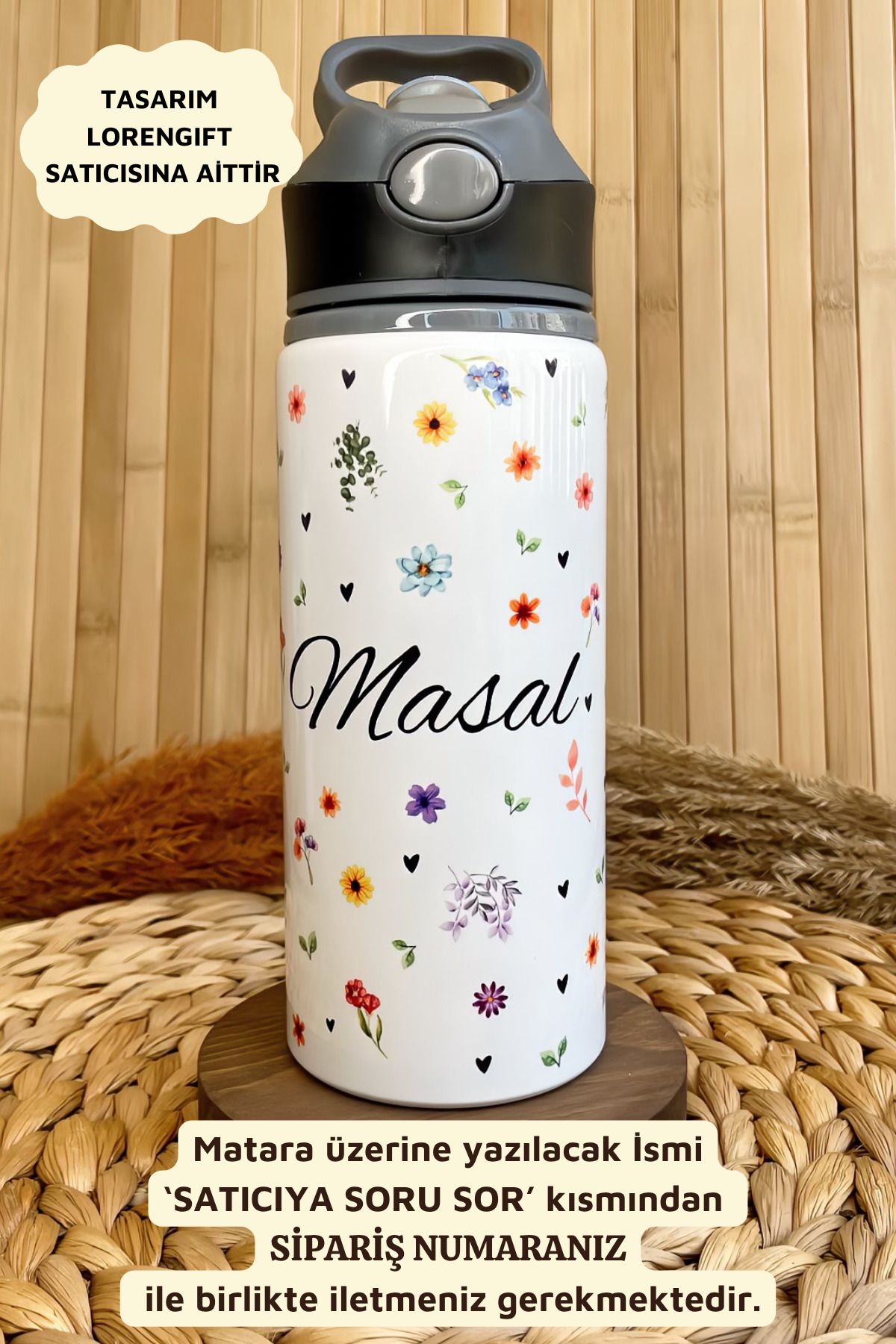 LorenGift Kişiye Özel İsimli Çiçek Desenli Çocuk Pipetli Suluk Matara 650 ml