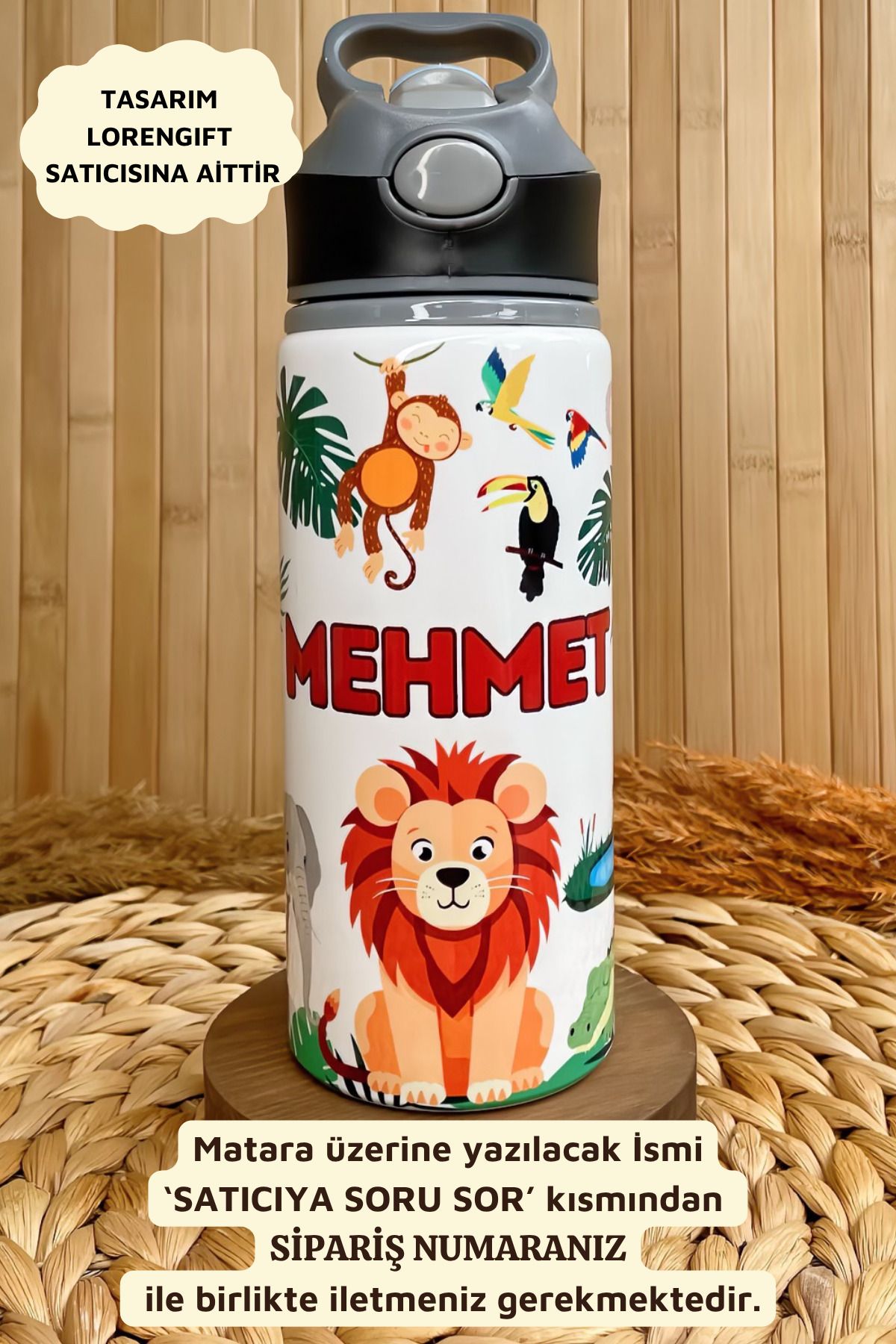 LorenGift Kişiye Özel İsimli Safari Hayvanlı Çocuk Pipetli Suluk Matara 650 ml