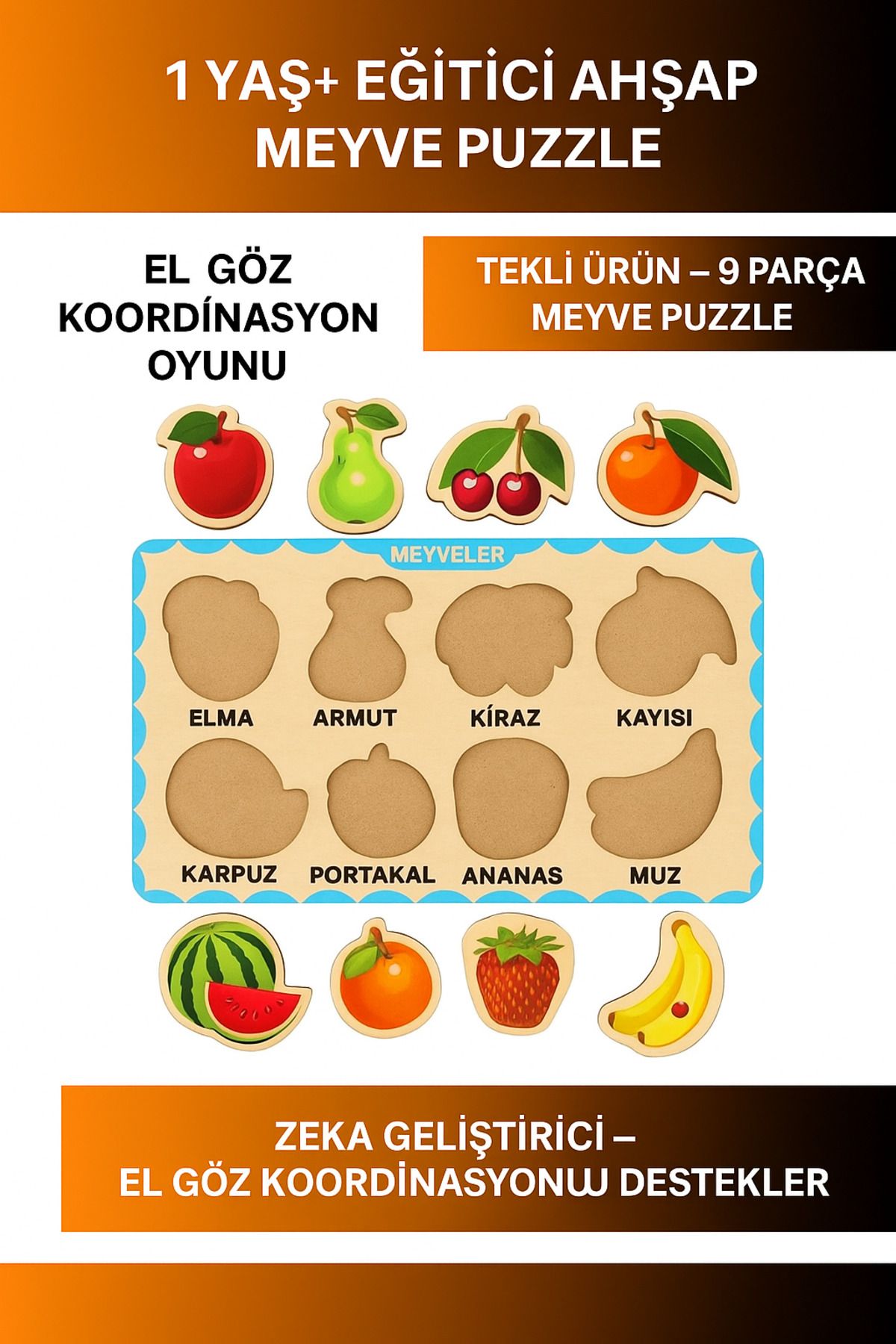 Athelas Sağlıklı Özel Ahşap Anne Bebek Çocuk Meyveler Eğitici Öğretici Dikkat Geliştirici Puzzle Oyunu