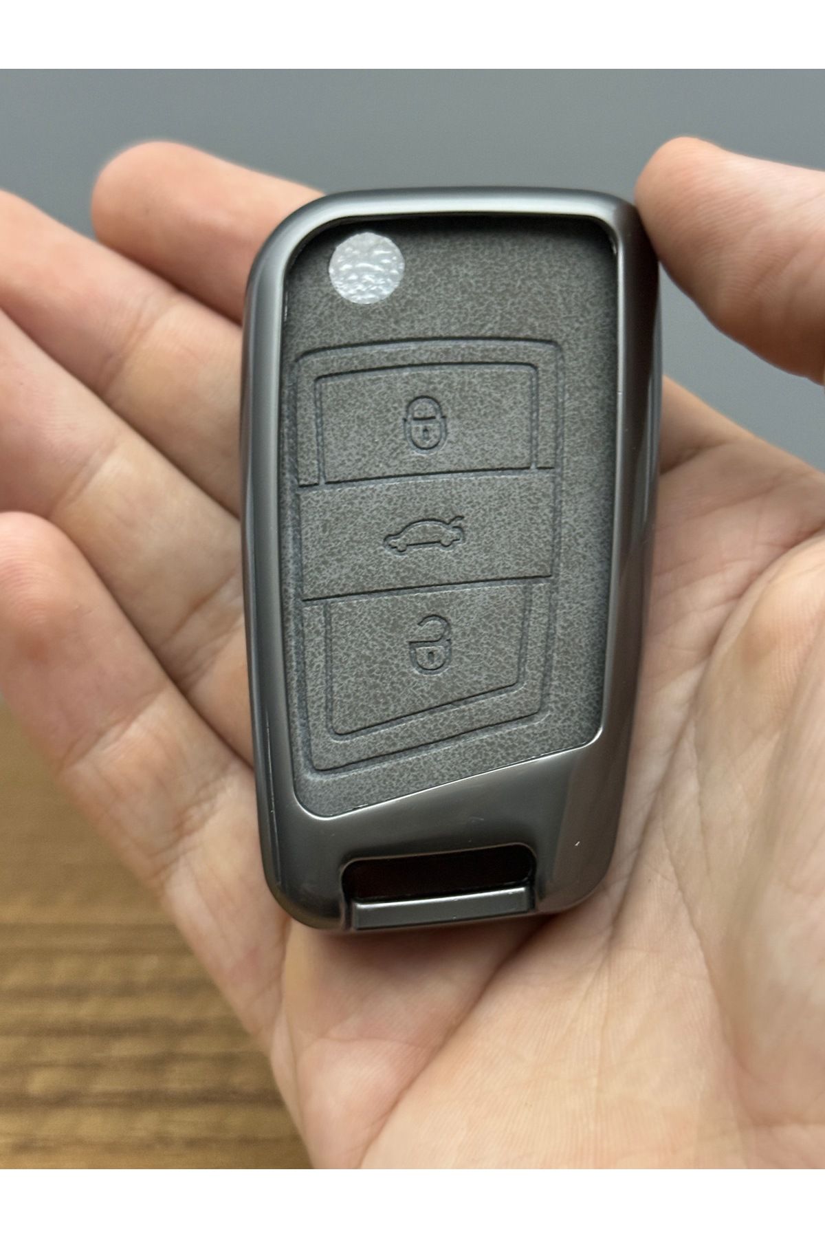 Mavi Keys Volkswagen, Skoda, Seat MQB Uyumlu Sustalı 3 Düğmeli Deri Metal Anahtar Kumanda Koruma Kılıfı Gri