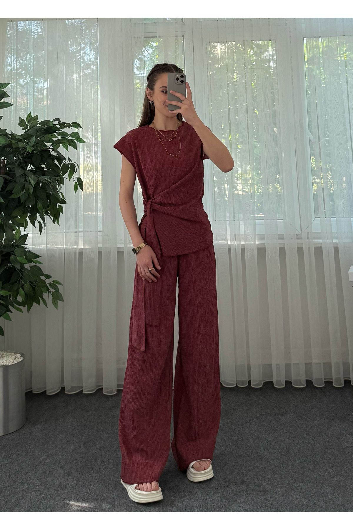 LUVESSE Flodi Bordo Krinkıl Belden Bağlamalı Takım