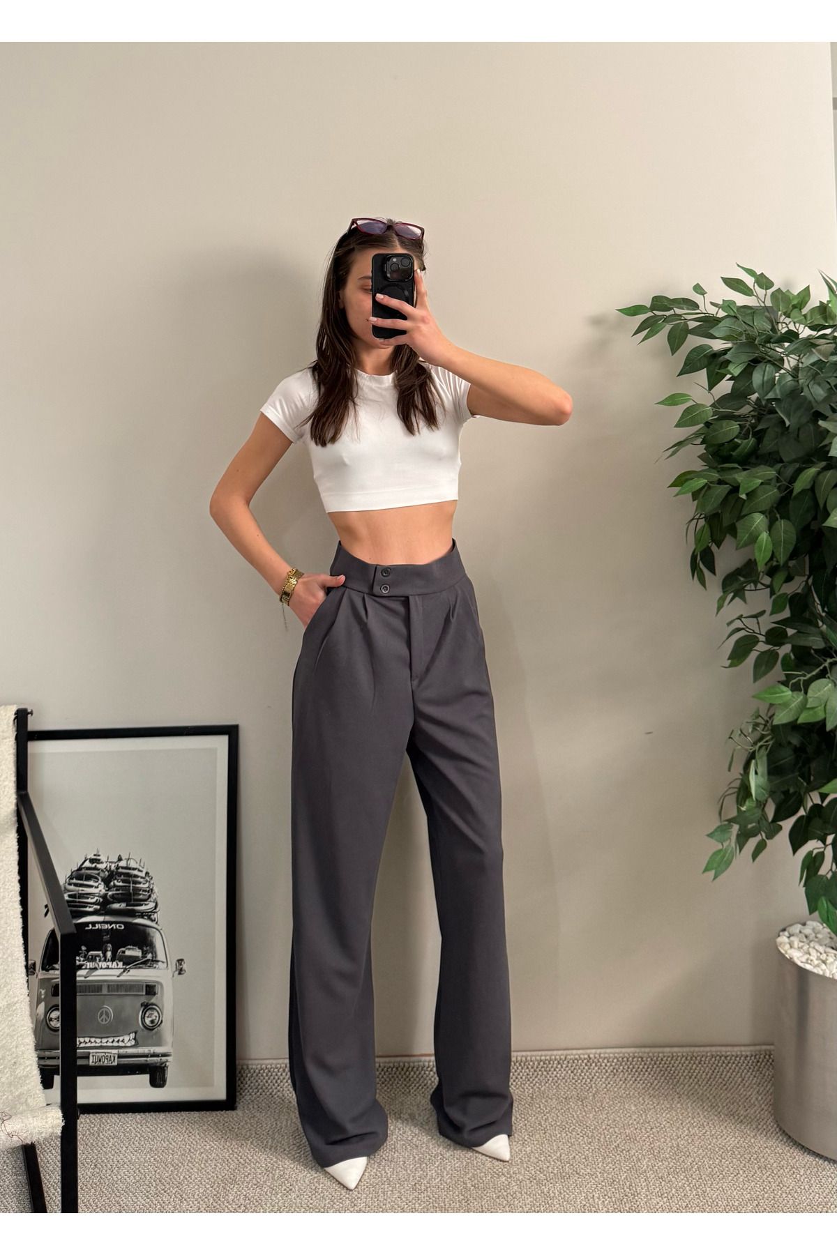 LUVESSE Ronisa Gri Krep Kemer Çift Düğmeli Palazzo Pantolon