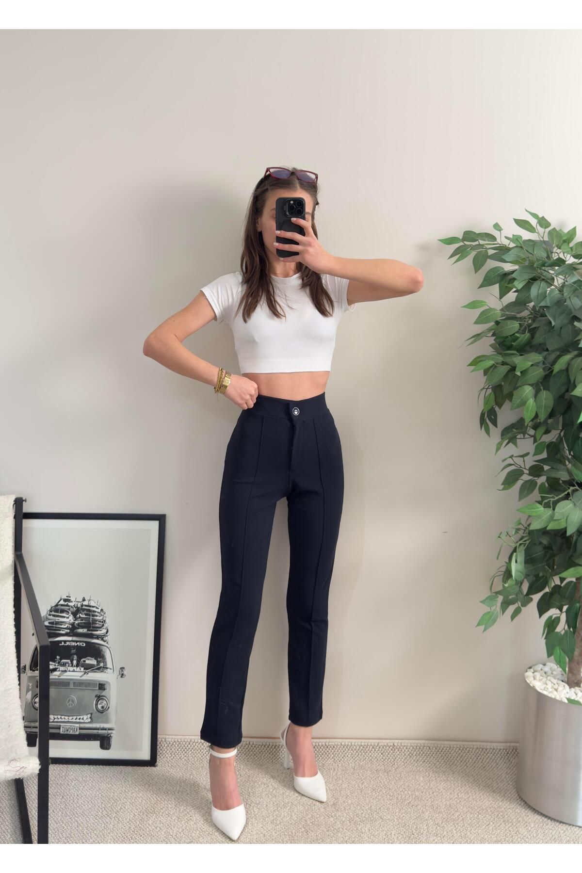 LUVESSE Liove Krep Dar Paça Lacivert Pantolon