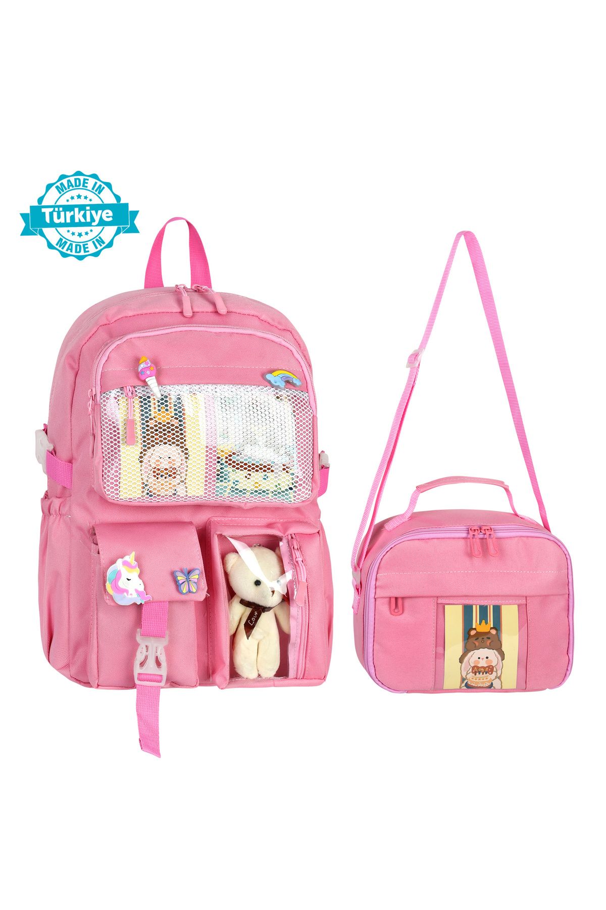 WMİLANO Kawaii Kore Tarzı Aksesuarlı İlkokul Sırt Çantası Kız Ve Termoslu Beslenme Çantası Set
