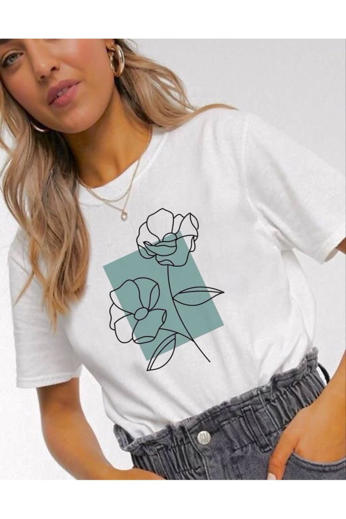 MAGORS FLOWER LINE BASKILI PAMUKLU BİSİKLET YAKA NORMAL KALIP KISA KOLLU KADIN VE ÇOCUK TSHIRT