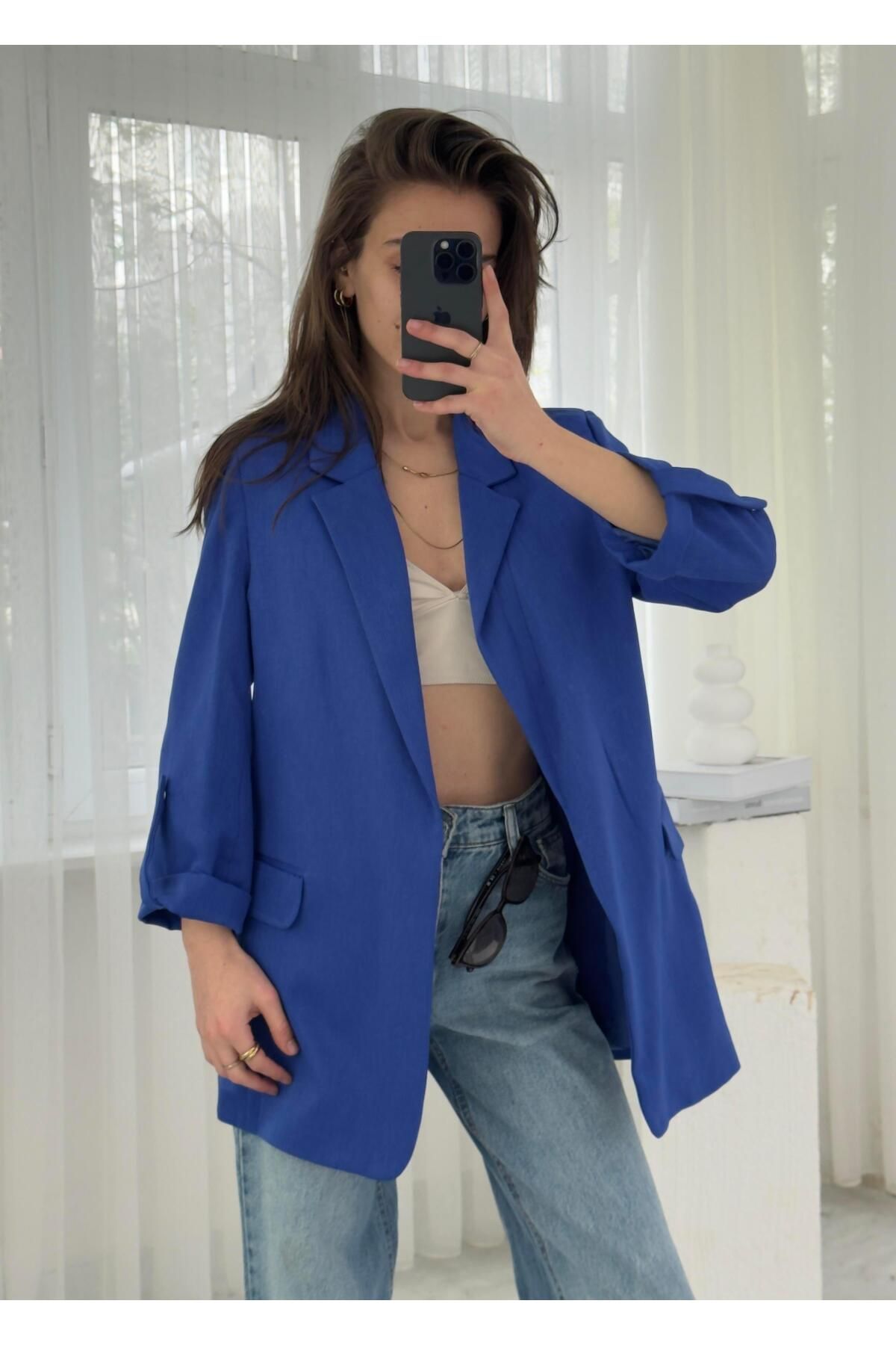 LUVESSE Saks Mavi Kol Katlamalı Poliviskon Blazer