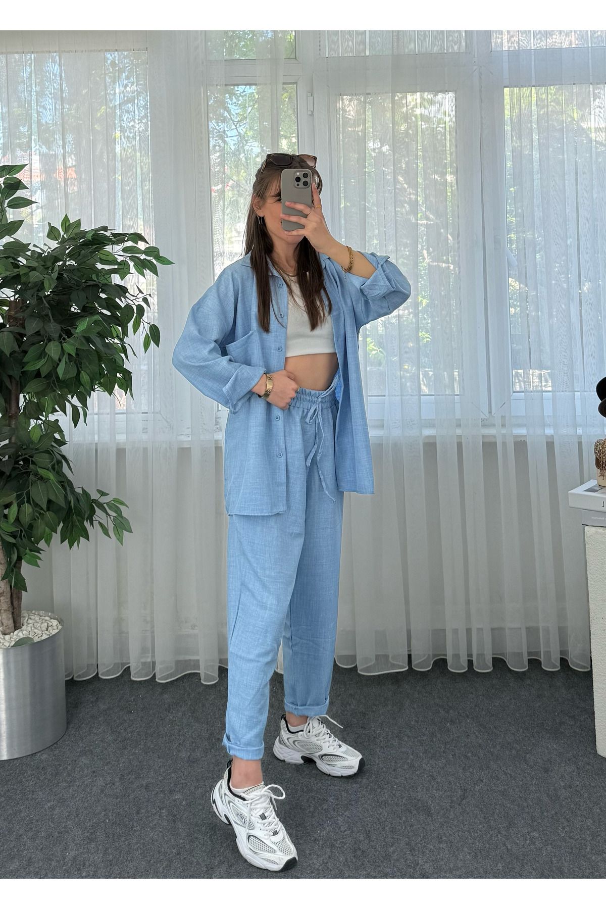 LUVESSE Sorella Açık Mavi Keten Gömlekli Takım