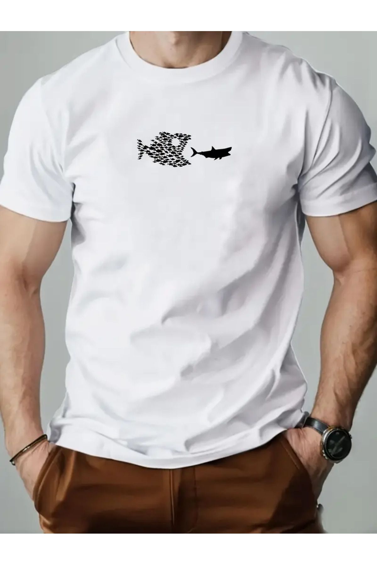 AEMİ Unisex Fish Baskılı Oversize Bisiklet Yaka T-shirt