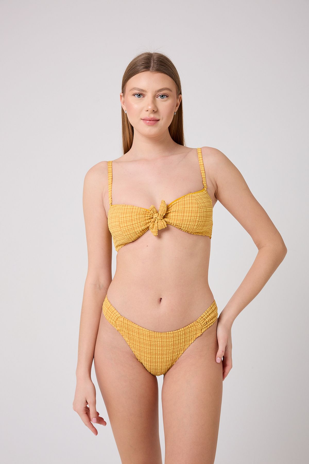 enmodaiçgiyim Sarı Dokulu Kumaş Straplez Kadın Bikini Takımı