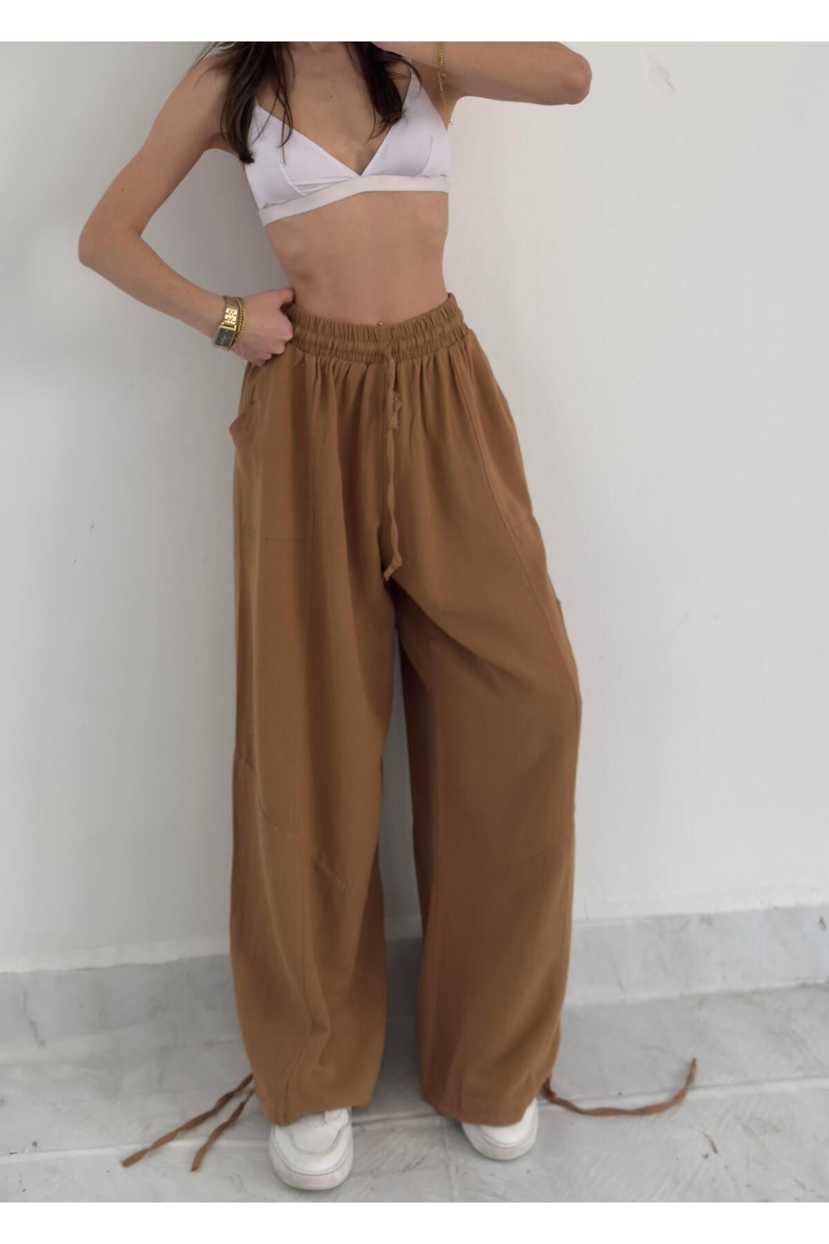 LUVESSE Erato Kahve Tasarım Keten Kargo Pantolon