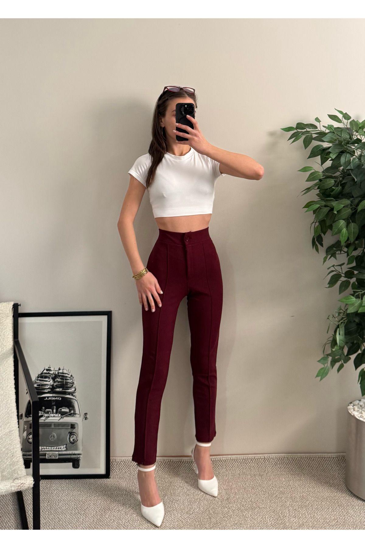 LUVESSE Liove Krep Dar Paça Bordo Pantolon