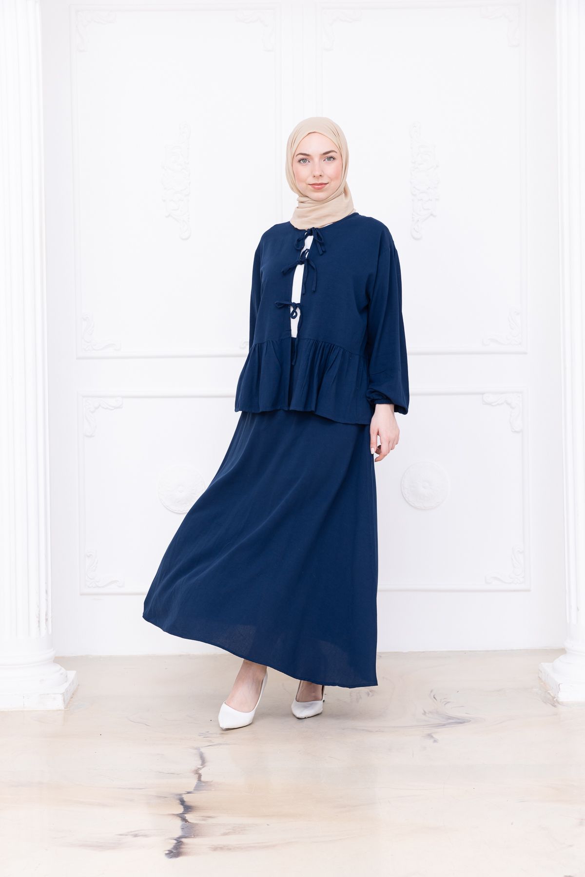 SiSorti Moda Önden Bağlamalı Etekli Keten Takım