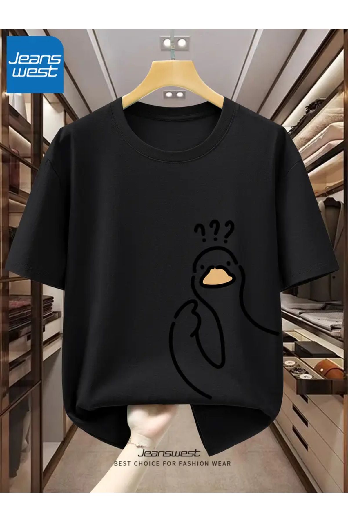 AEMİ Unisex Surprised Duck Baskılı Oversize Bisiklet Yaka T-shirt