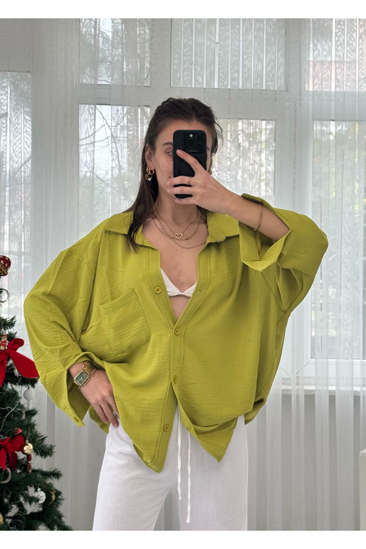 LUVESSE Olive İthal Ayrobin Tek Cepli Oversize Gömlek