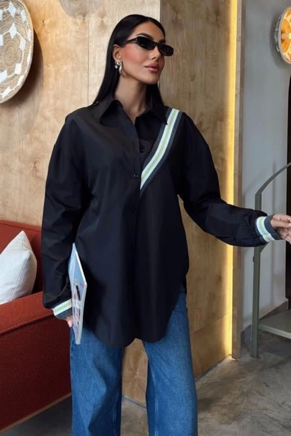 Omarı Bant Detaylı Oversize Poplin Gömlek 3436