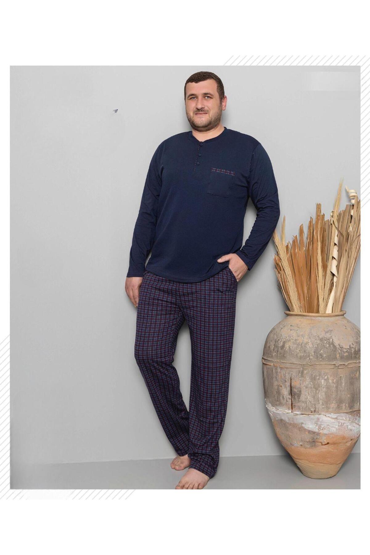 Pijamoni Erkek Battal Düğme Yaka Penye Uzun Kol Pijama Takımı 6720/8 - 1 Adet