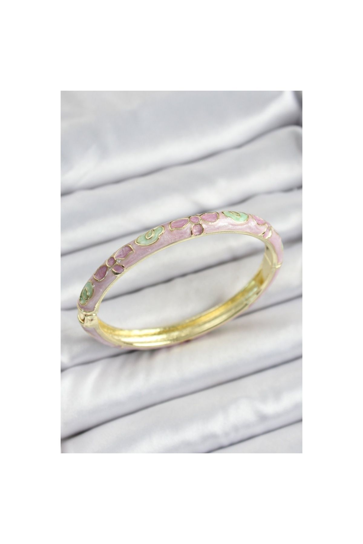 Findit Mineli Gold Renk Pirinç Pembe Çiçek Desenli Kadın Kelepçe