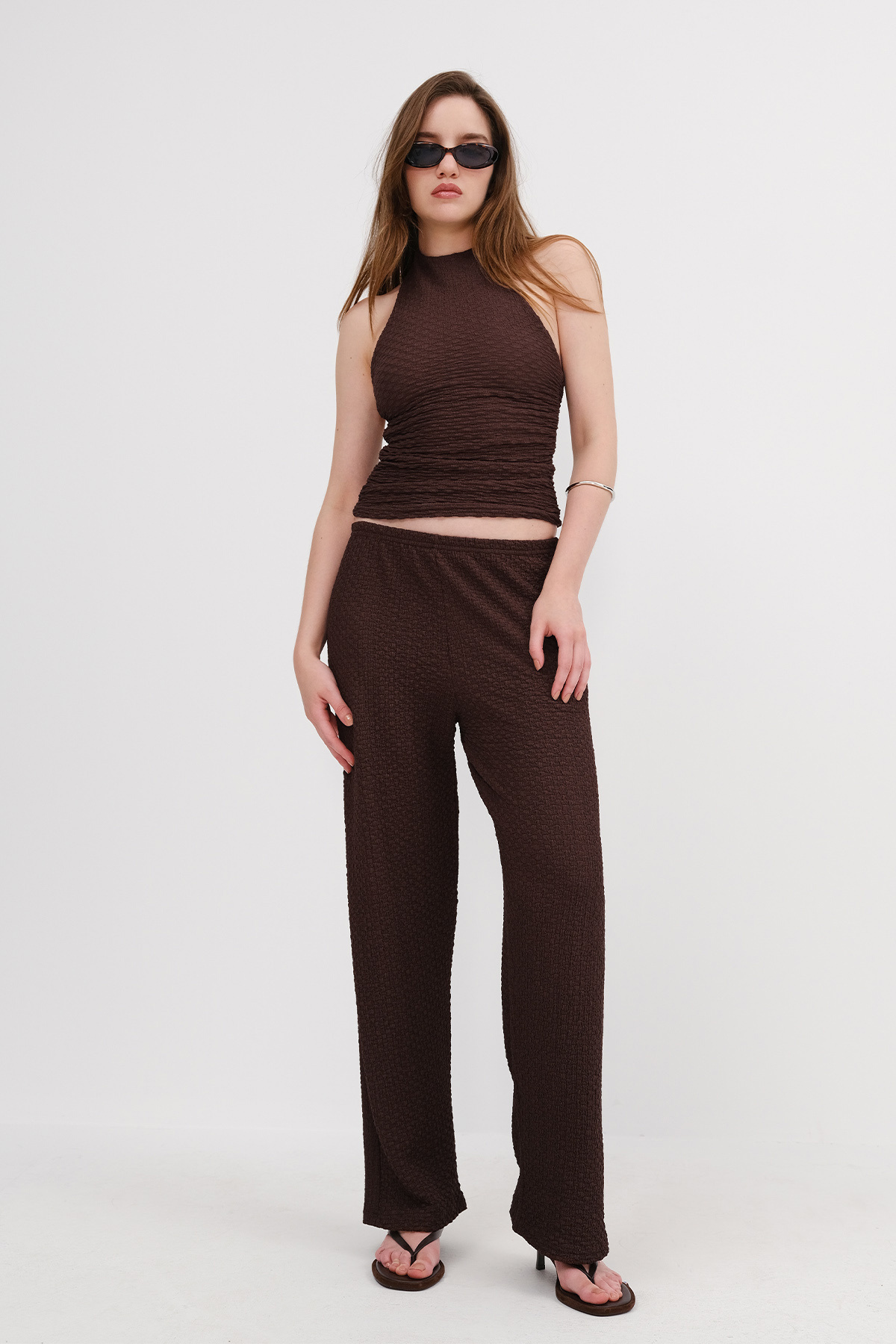 Addax-Textured Wide Leg Trousers with Elastic Waist Pn326-T2 1