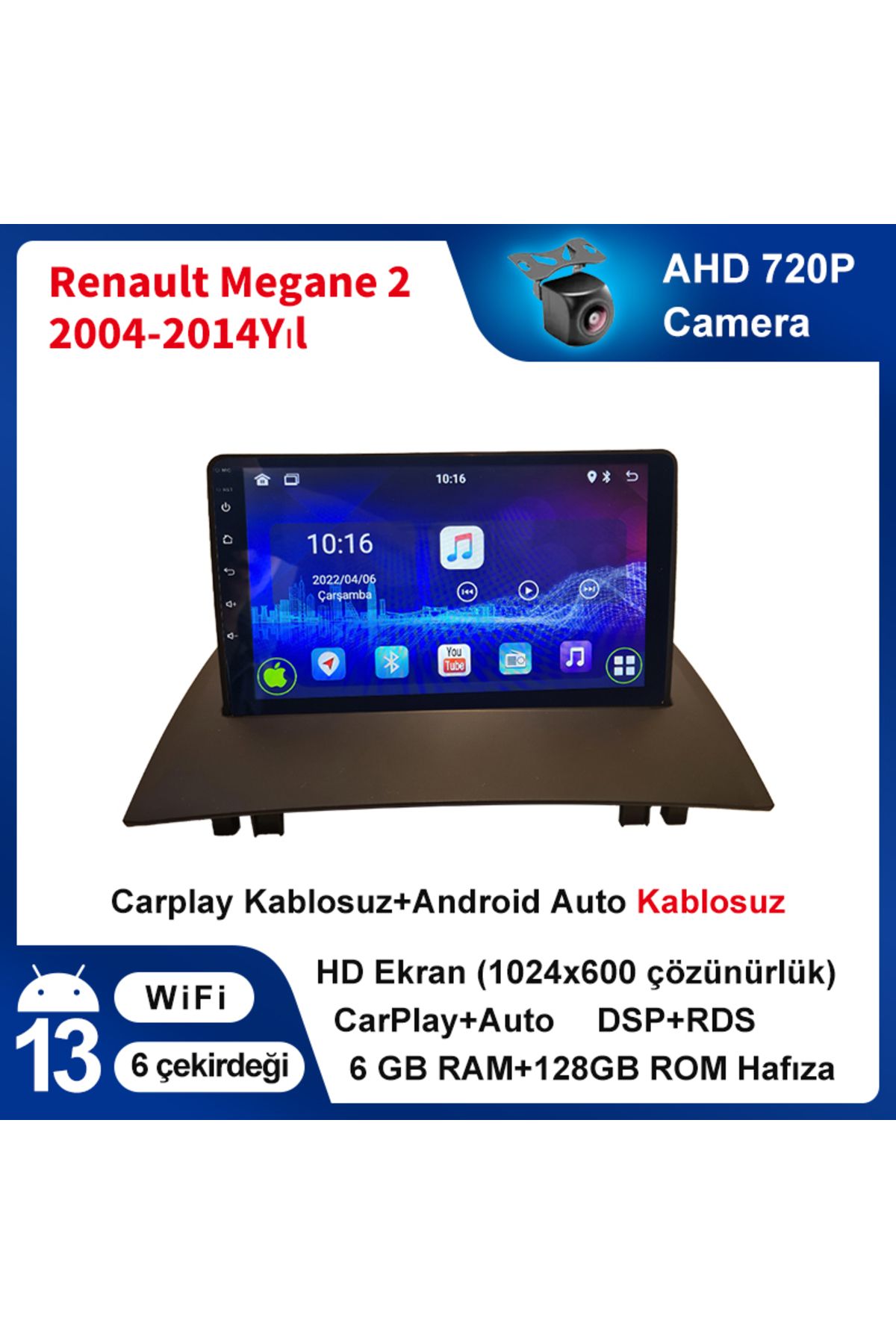 coni Renault Megane 2 2004-2014Yıl 6GB Ram 128GB Rom Multimedya Kablosuz Carplay Navigasyon kamera hediye