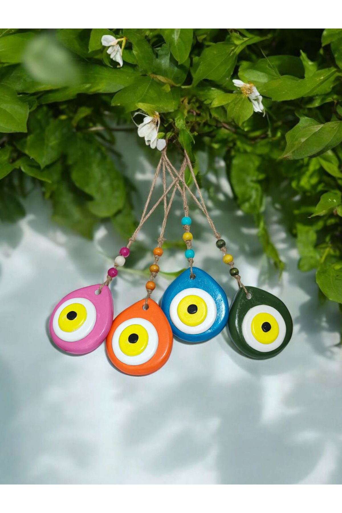 Vooul Art Decor 4 Adet Renkli El Yapımı Hasır İpli Nazar Boncuğu, Ev, Bahçe, Balkon, Ofis, Ağaç Süsü