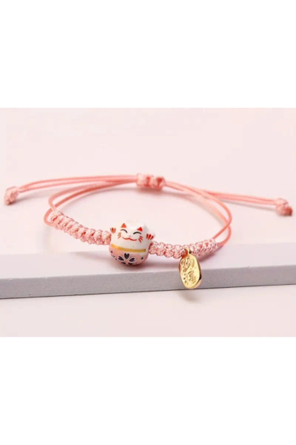 İthal Seramik Şans Kedisi Örgü Bileklik (Maneki Neko) pembe