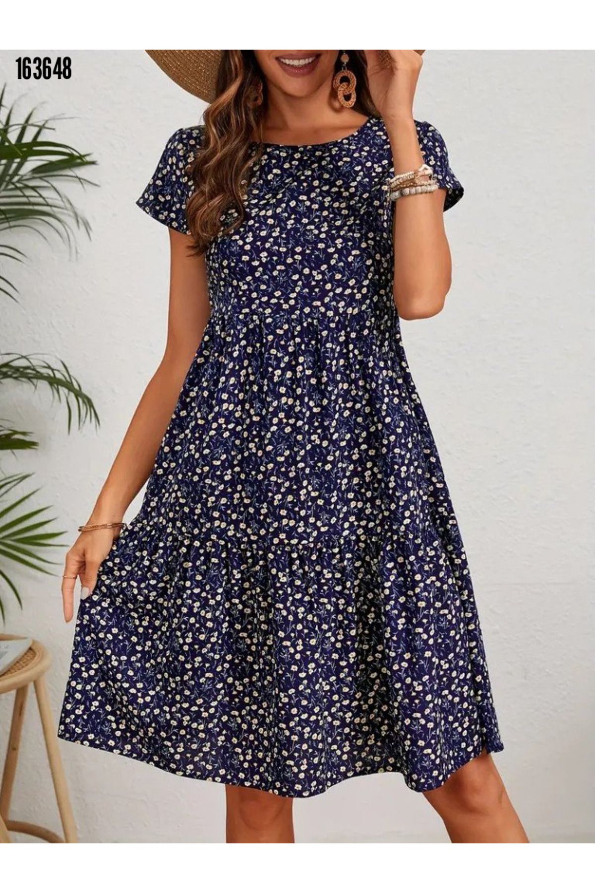 Kokosh moda Kadın Bisiklet Yaka Çiçek Desenli Kısa Kollu Süprem Kumaş Elbise