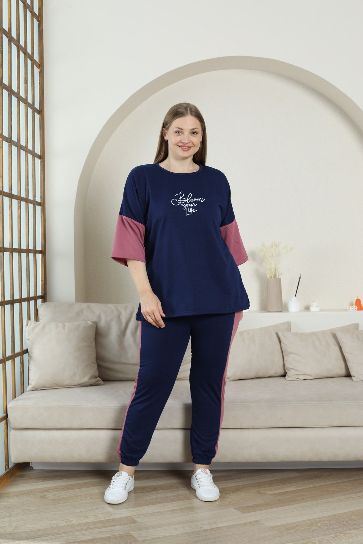 FAMESTEKSTİL KADIN BÜYÜK BEDEN SPOR GİYİM RAHAT KULLANIŞLI 3 ÇEYREK KOL
