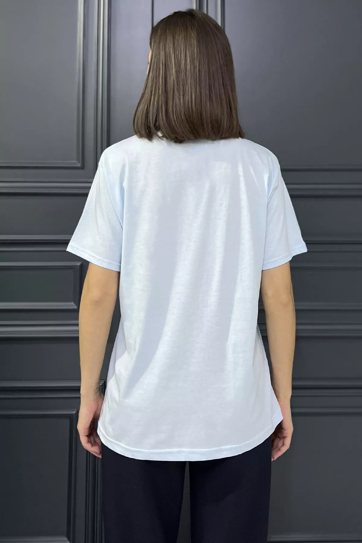 GÜLSELİ-Baby Blue Crew Neck Printed Stone Women's T-Shirt 3