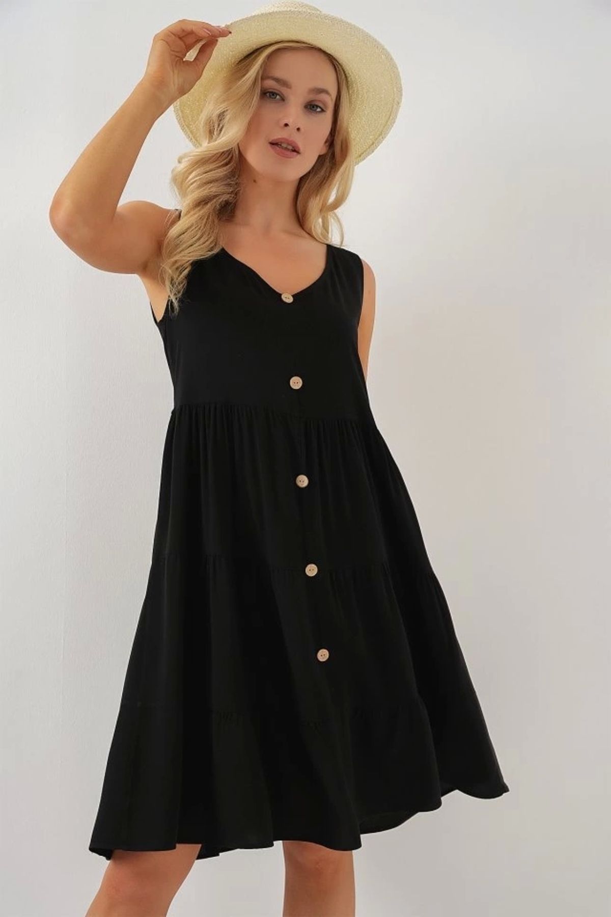 Butik Sıfır Kol Düğmeli Kısa Elbise 2571 - Siyah