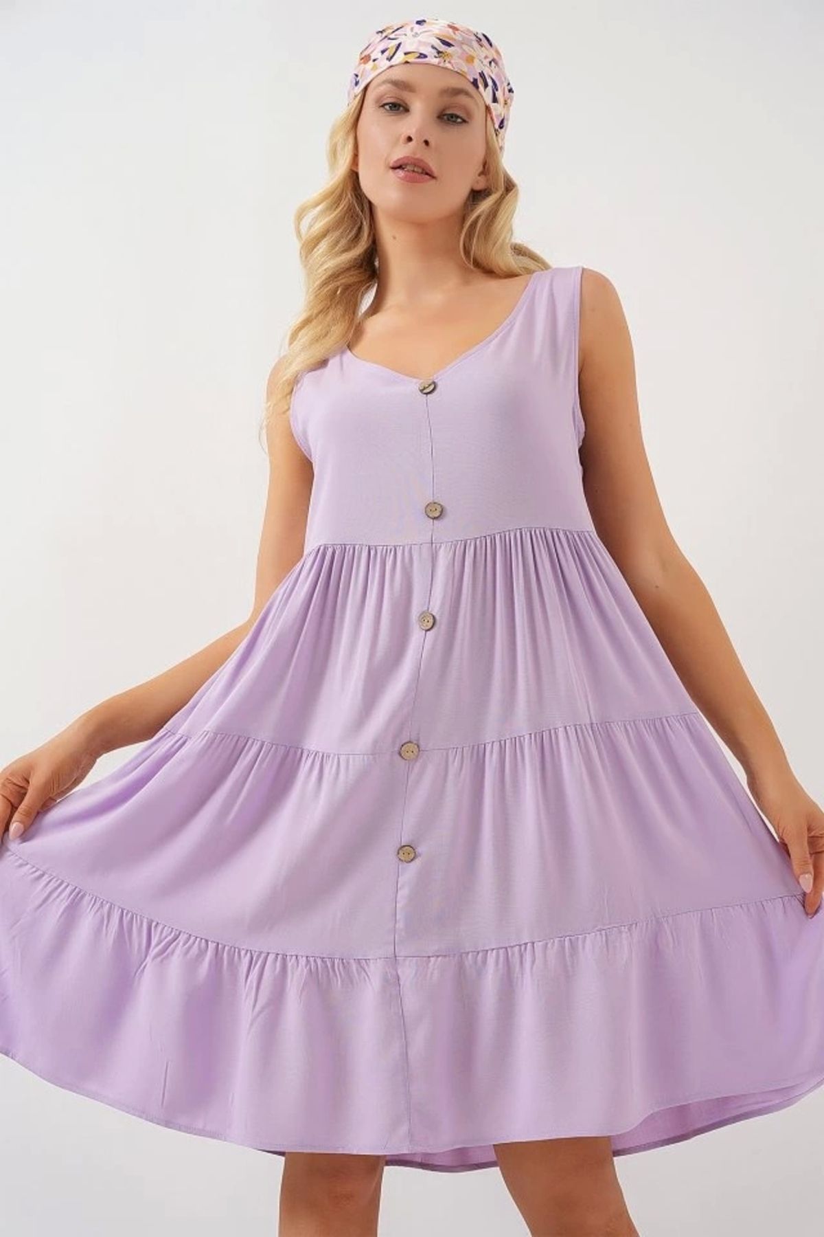 Butik Sıfır Kol Düğmeli Kısa Elbise 2571 - Lila