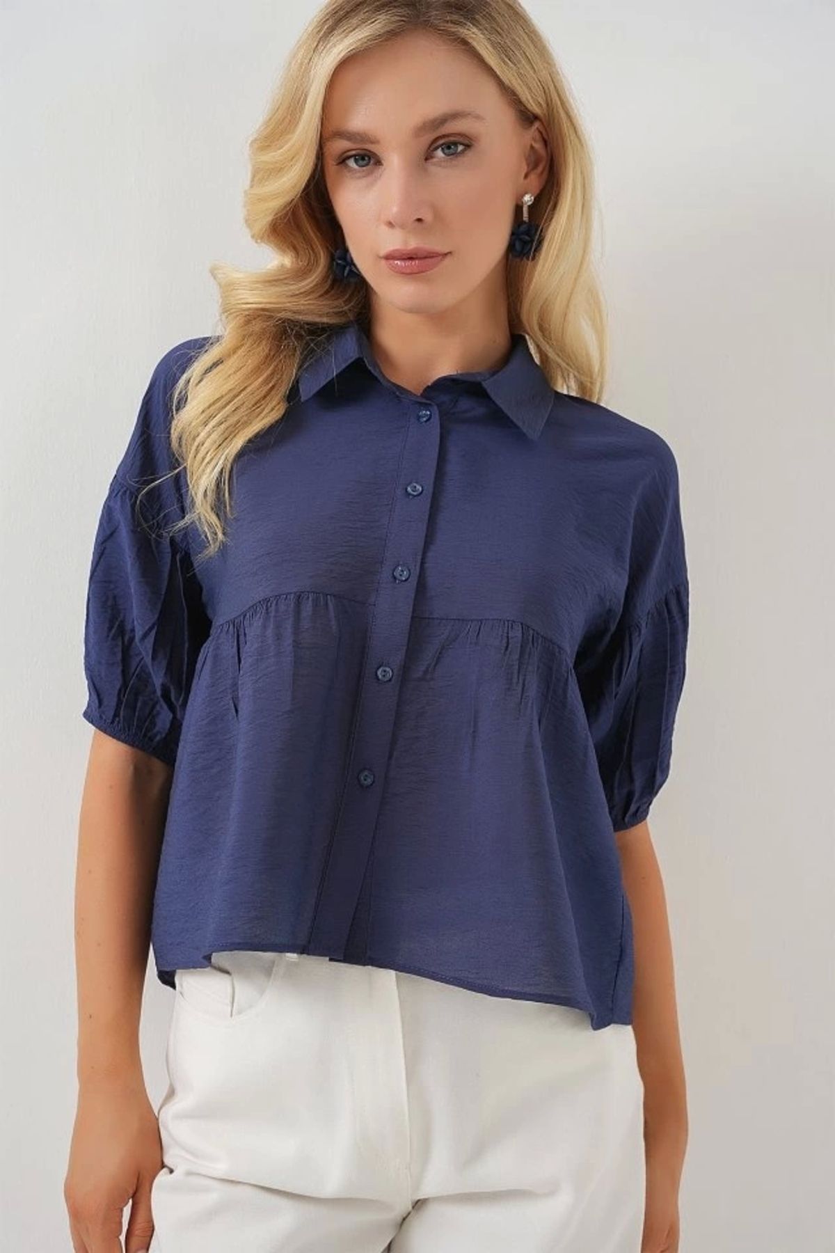 Butik Kısa Kol Crop Gömlek 20335 - İndigo