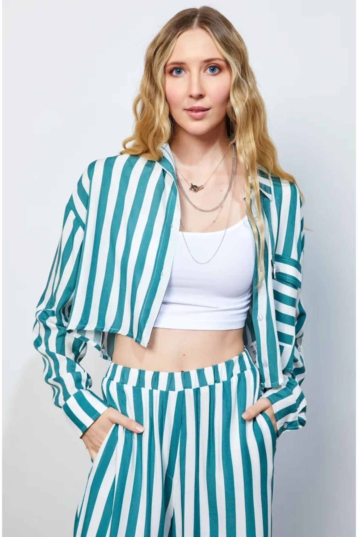 EUROFASHION Yeşil Çizgili Crop Gömlek 3'lü Set Takım