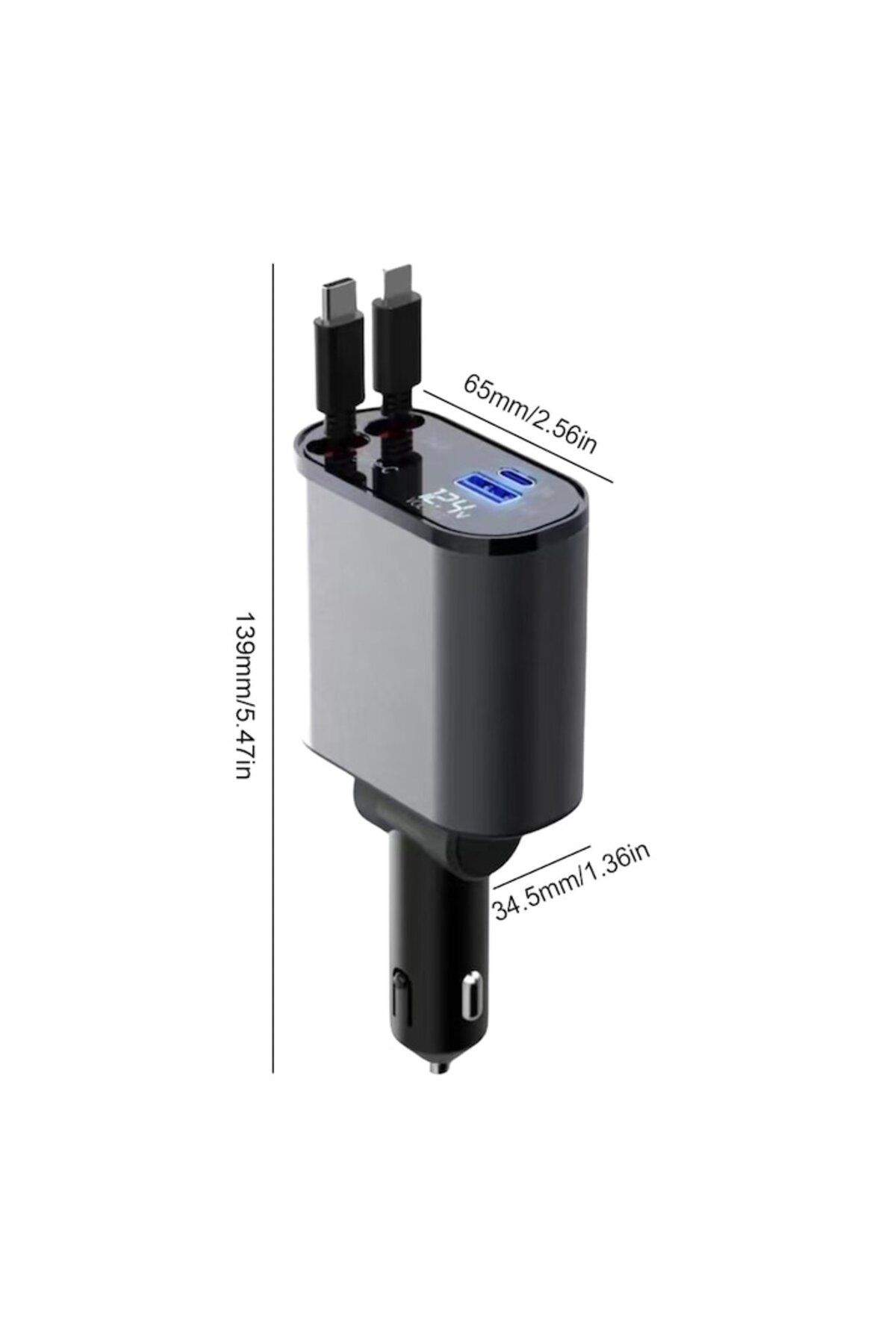 OEM-Încărcător auto PD 4 în 1, cabluri retractabile flexibile USB-C și Lightning, ieșire USB-C și USB-A, 3