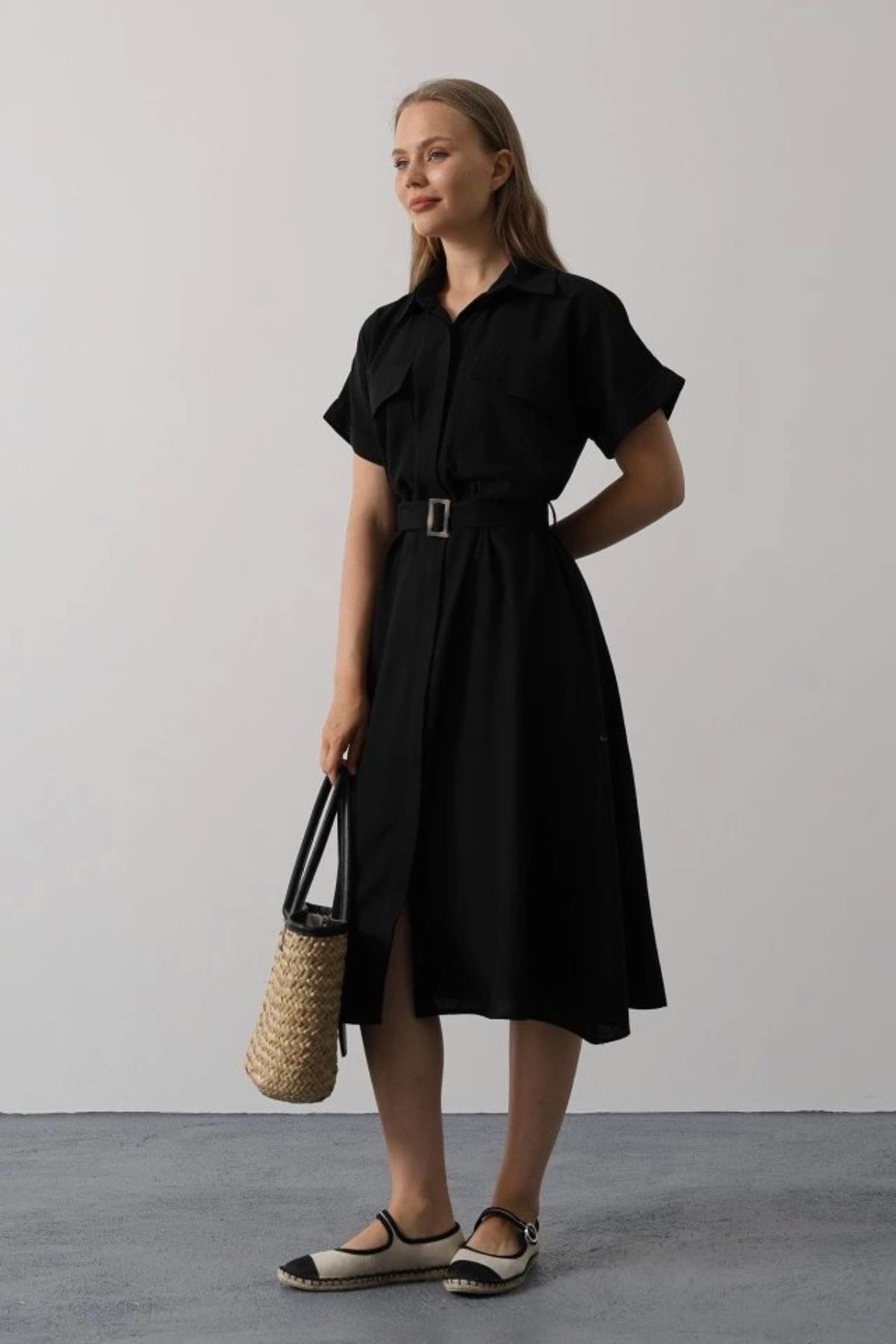 Butik Kuşaklı Cep Detaylı Yarım Kol Elbise - Siyah