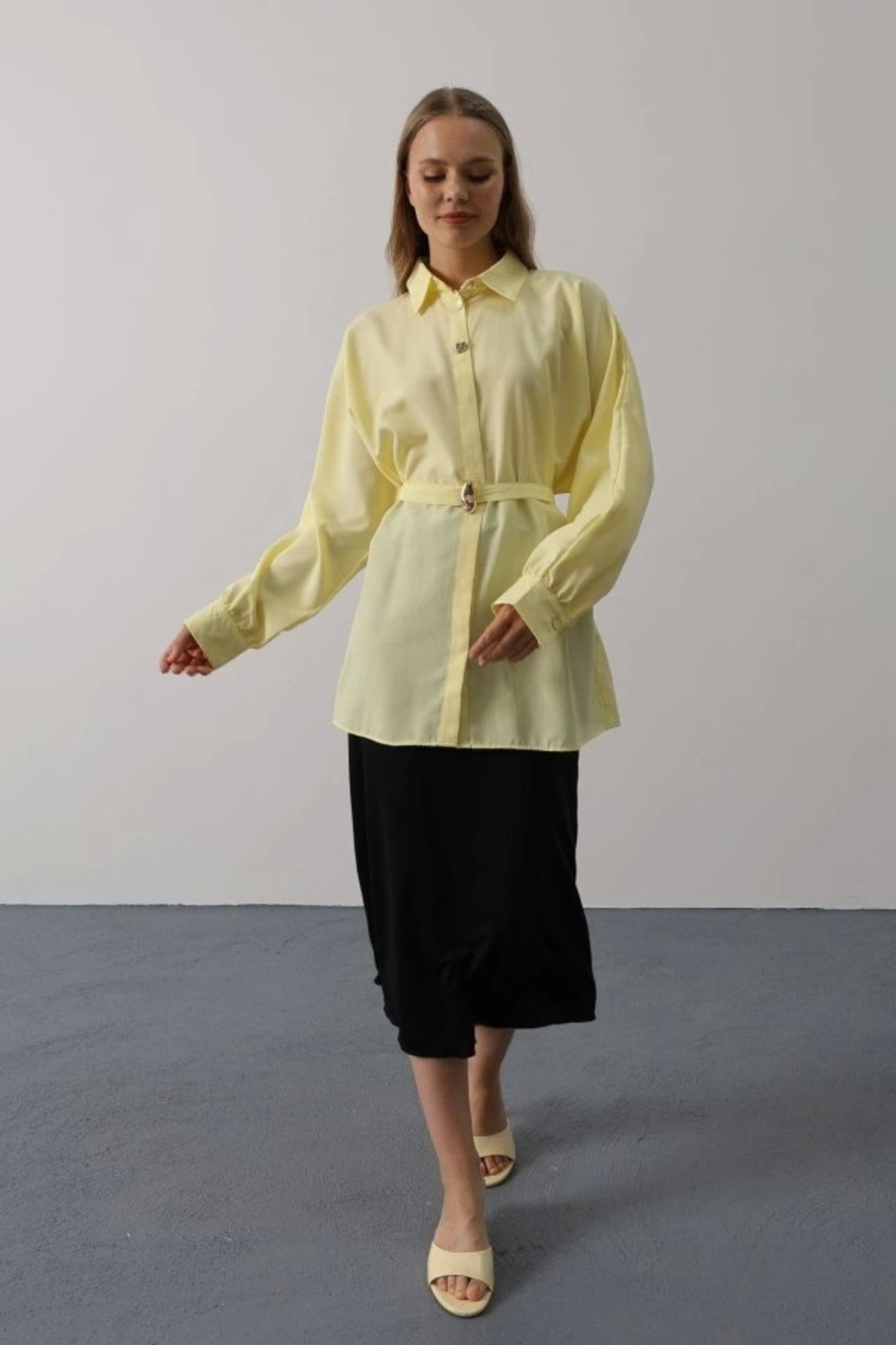 Butik Kuşak Detaylı Tunik Gömlek - Sarı