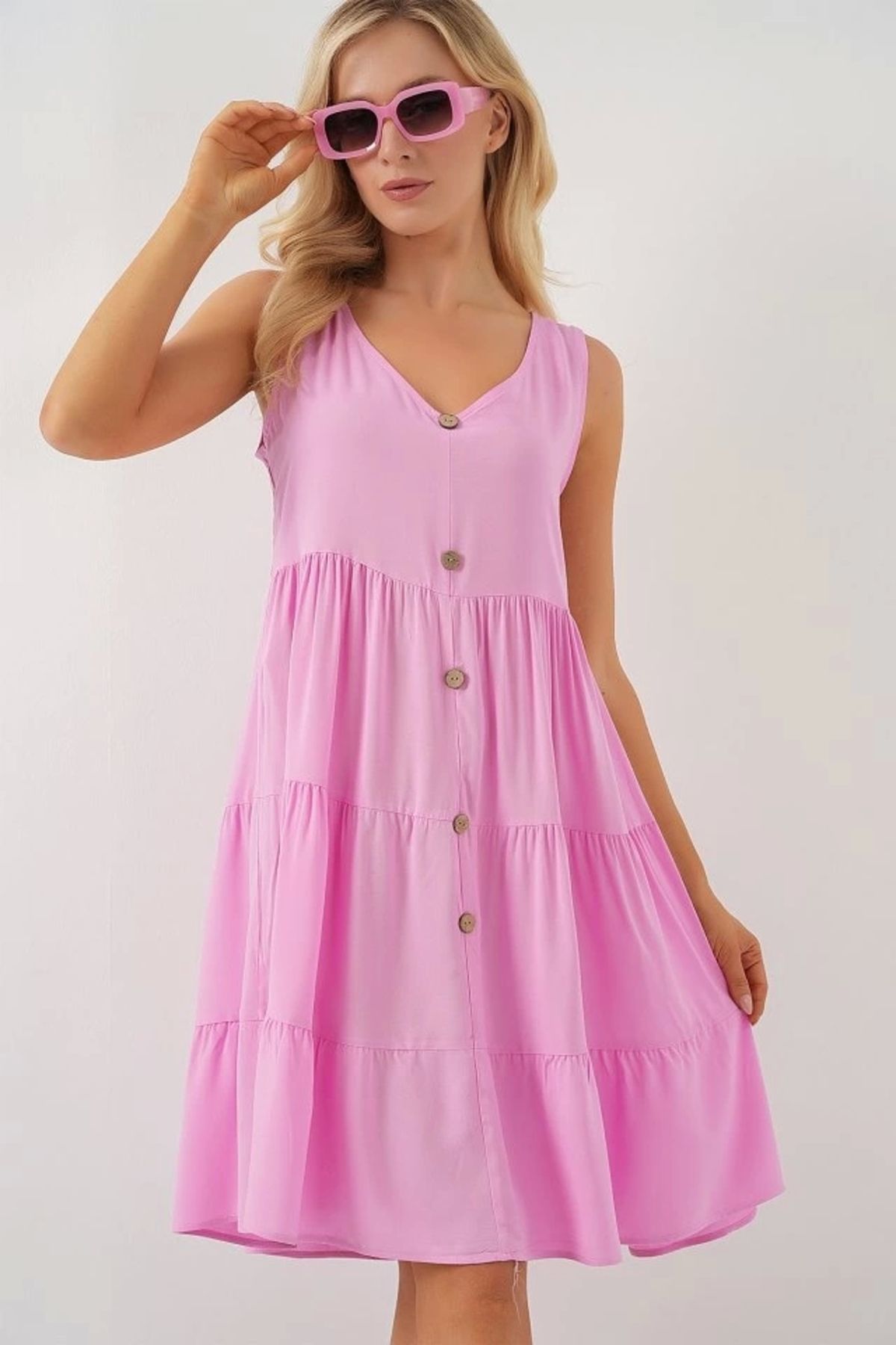 Butik Sıfır Kol Düğmeli Kısa Elbise 2571 - Pembe