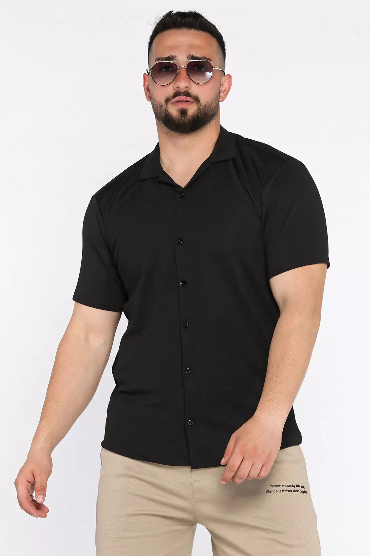 MİSHAR İTALİA Siyah Apaş Yaka Slim Fit Erkek Kısa Kol Gömlek
