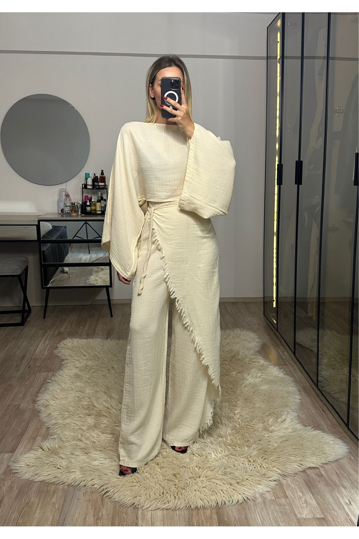 NET OF NOT Darla Bej Müslin Kumaş Zarf Pantolon Crop Takım