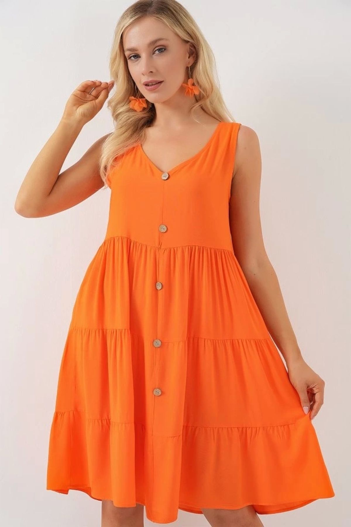 Butik Sıfır Kol Düğmeli Kısa Elbise 2571 - Turuncu
